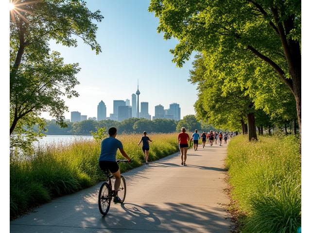 Scenic view of Lady Bird Lake trail in Austin with people exercising.