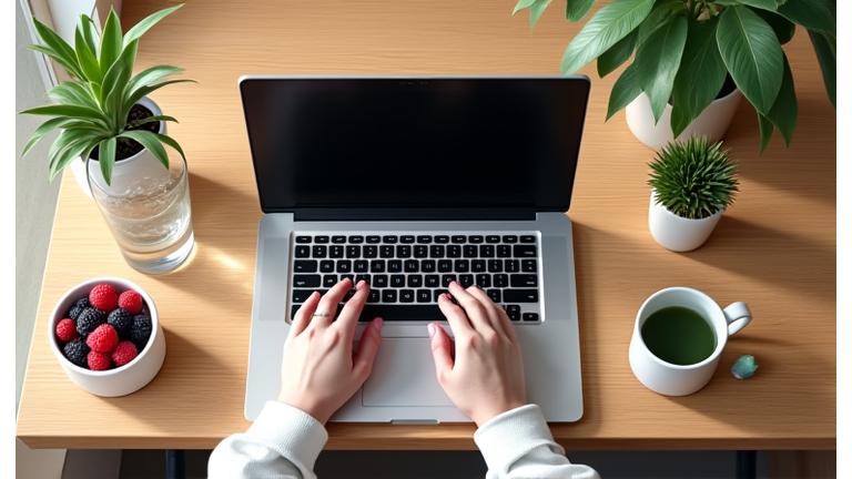 Close-up of hands typing on a laptop, surrounded by fresh fruits, a water bottle, and a small plant, symbolizing a healthy modern workspace.