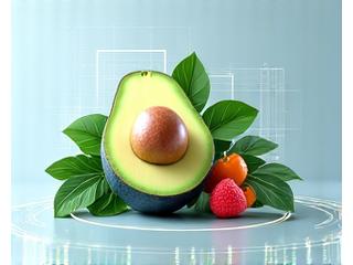 Abstract depiction of AI technology subtly integrated with healthy food items on a digital interface, reflecting personalized nutrition guidance.