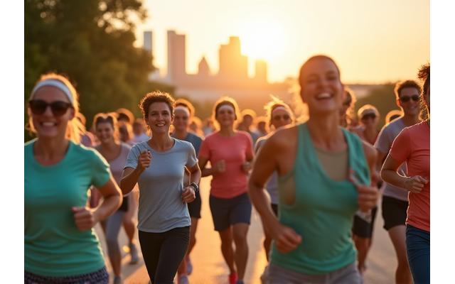 Group of diverse adults participating in an outdoor fitness challenge in Austin, with city skyline in background.