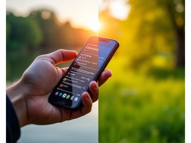 Person looking at phone with a thoughtful expression, then looking up towards a serene natural landscape, representing digital balance.