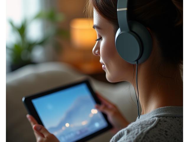 Person listening to guided meditation on headphones, with a calm smile, in a serene, indoor setting.