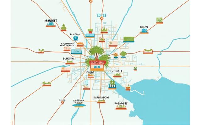 An interactive digital map of Austin highlighting healthy restaurants, farmers' markets, and local food stores, overlaid with icons representing healthy food choices.