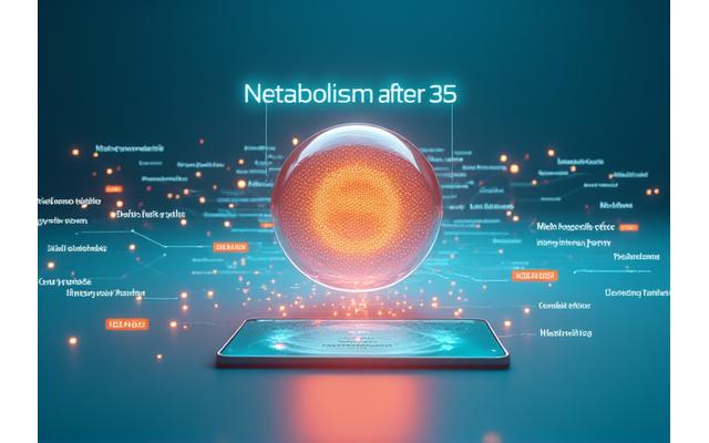 An infographic demonstrating age-related metabolic changes with arrows showing input of personal data leading to a customized meal plan interface on a tablet.