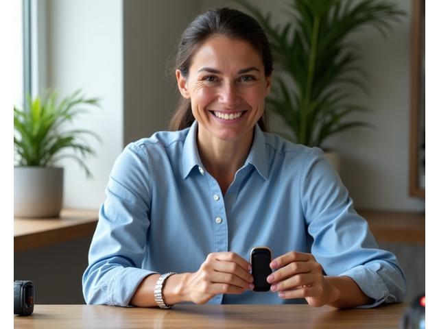 An Austin wellness expert reviewing a selection of modern wellness technology devices such as smartwatches and meditation headbands.
