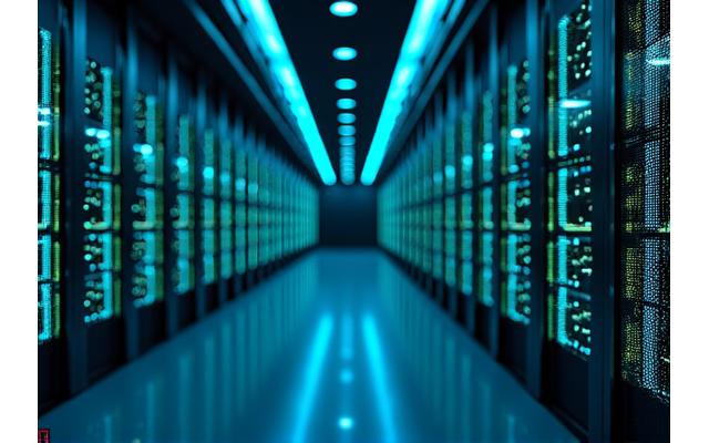 A server room with glowing blue lights and intricate network connections, representing robust digital infrastructure and high-level cybersecurity.
