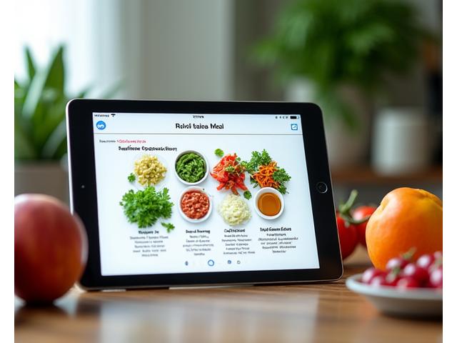 An interactive digital meal planner interface on a tablet, showing a balanced meal with local Austin produce, symbolizing tools for nutritional guidance.