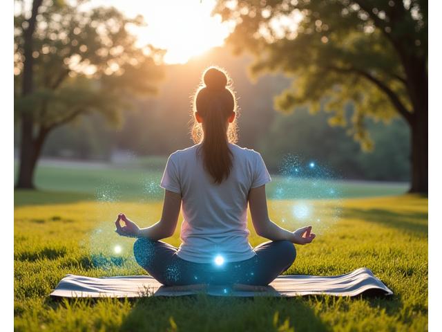 A calm person meditating outdoors in a peaceful Austin park, with subtle scientific data overlays, showing effective stress reduction techniques.